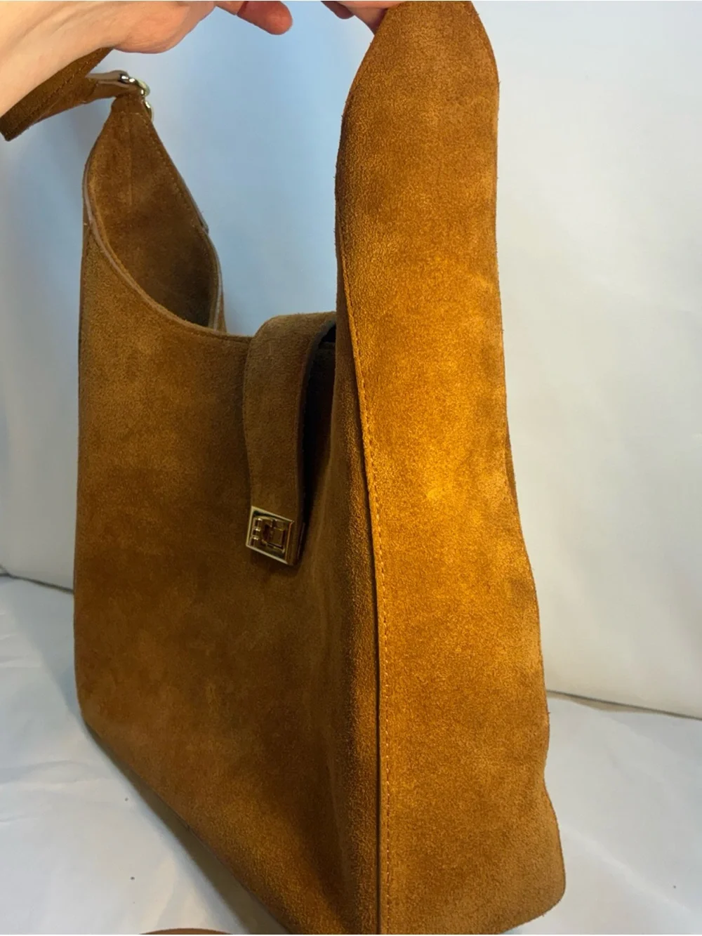Italian Genuine Suede Leather Hobo Bag Tan Camel Shoulder Crossbody Handbag